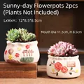 Detailed view of two embossed ceramic succulent pots with hand-painted floral motifs - 2 Piece Large Bright Sun Pots