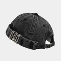 Detail of washed denim docker hat with frayed edge patch and adjustable back strap - Adjustable / Black Washed with Leopard Print Patch (4#色)