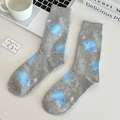 Cute gray cotton crew socks with blue elephant patterns in a cozy aesthetic lifestyle setting - One Size / Gray