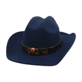 Dark blue felt cowboy hat featuring a wide brim and a leather band with a metal skull stud - One Size / Navy Blue (Skull)