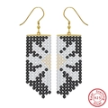 S925 Sterling Silver Boho Tassel Earrings with Black and Champagne Seed Beads - Ethno Black White Bead - Gold