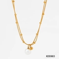 Double-layer gold beaded chain necklace with white shell pearl and gold ball pendant - Gold (KDD883)