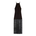 Brown velvet halter neck dress featuring a minimalist design with long black tassels - S / Chestnut