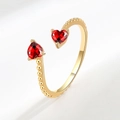 Adjustable golden open ring with double red heart-shaped stones and beaded texture - January (Red)