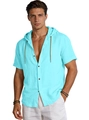 Men's light blue breathable linen hooded short sleeve shirt with button front - Sky Blue