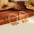 Macro shot of gold hoop earrings with small beads and star charms on a rustic wood background - Star Pendant Hoop Earrings(ZHE1431金)