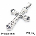 Silver gothic cross pendant with floral engraving and black stones, 61x41mm size - Carved Cross Pendant with Black Stones (KP130923-MZOZ)