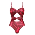 Detail view of pink and brown patterned cutout monokini with knot waist and high leg cut - S / Rose Pink Print Monokini