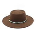 Close-up of brown wool flat top hat featuring turquoise beads and gold metal chain - M (56-58cm) / Coffee