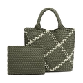 Dark green woven tote and matching pouch set with cream diagonal checkered pattern - Olive Green