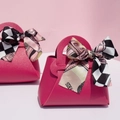 Rose red faux leather mini wedding favor bag with Paris print ribbon decoration - Rose Red (Floral Satin)
