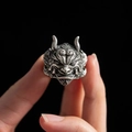 Vintage silver gothic Prajna skull mask ring for men with oxidized 3D metal details - Dominating Hannya Mask