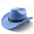 Detail of light blue felt cowboy hat featuring bull head pendant and studded leather band - M (56-59cm) / Sky Blue (Suede)
