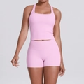 Vue de face de l'ensemble de yoga rose pour femme avec débardeur et short taille haute - S / Haut Et Bas / Bleu Ciel