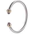Silver stainless steel cable cuff bracelet with gold accents and red gemstones - Two-tone Gold & Silver with Purple Crystal
