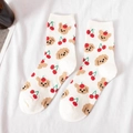 Calcetines media caña crema estilo japonés con lindos osos y cerezas bordados - Talla única / Oso Cereza / Blanco