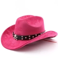 Detail of rose red cowboy hat with black studded band and silver skull metal buckle - M (56-58cm) / Rose Red