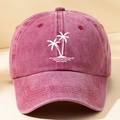 Close-up of a vintage red washed cotton baseball cap featuring white palm tree embroidery - One Size / Burgundy