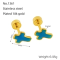 18K gold plated stainless steel cross stud earrings with blue gradient enamel inlay - Blue Style (ZE1361G-05)