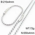 Conjunto de cadena de eslabones de hueso de dragón plata de 4mm con collar y pulsera fina - Pulsera / Color Acero