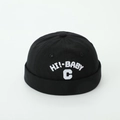 Close-up of black brimless docker hat featuring white 'HI!-BABY' letter embroidery texture - Letter C Style / Black