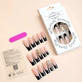 Detail of extra long square press-on nails with 3D snake rhinestones and French tips - Black French Snake Rhinestone Style (XE-51-49)