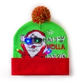 Christmas knit hat with LED lights featuring green Santa Claus design and red pompom - Victory Sign Santa Folded Hat