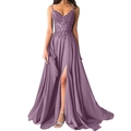 Elegant deep lavender evening gown with sequin lace bodice and high-slit chiffon skirt - S (US 2) / Lavender