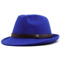 Royal blue wool fedora hat with vintage brown leather band and metallic decorative buckle - M(56-58cm) / Royal Blue (JXF-540)