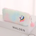 Plush unicorn pencil case with macaron gradient colors and a fluffy pom-pom keychain - Colorful