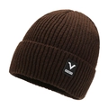 Dark brown ribbed knit beanie for men with white V-Sports label and fleece lining - Coffee