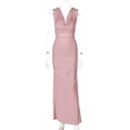 Detail of pink backless pleated evening dress featuring deep V-neck and split hem - M / Pink