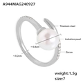 Silver titanium steel nail ring with imitation pearl and zircon stone in size 7 - US 7 / Steel