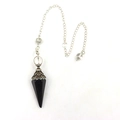 Obsidian crystal hexagonal cone pendulum with vintage silver filigree and metal chain - Black