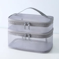 Gray double-layer mesh toiletry bag with handle and dual zippers for travel organization - Double Layer / Gray