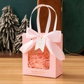 Pink gift bag with transparent window, large silk bow, and festive hang tag accessory - Pink + Teacher's Day Tag + Raffia