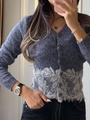 Navy V-neck knit sweater with white lace trim and slim fit design for women - S / Blue