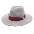 Classic grey chenille fedora with a deep red satin band and elegant silver buckle - M (56-58cm) / Gray