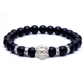Matte black volcanic rock beaded bracelet featuring a silver lion head charm and rhinestones - Lion Head (Reinforced Stones) / Matte Black / Silver