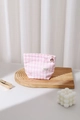Pink checkered toiletry bag with delicate gold flower zipper pull on wooden tray - 17x14cm / Pink Check (Small)