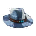 Cappello fedora in patchwork di denim con fascia in pelle e dettagli in turchese - Denim Patchwork (Azzurro) / Azzurro