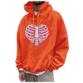 Orange unisex fleece hoodie featuring pink ribcage heart print with drawstring hood - S / Tops / Orange
