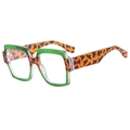 Retro square sunglasses featuring green glitter top frame and leopard print temples - Green Frame
