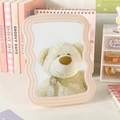 Pink wavy desktop makeup mirror with foldable stand featuring a cute teddy bear reflection - Pink