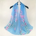 Light blue floral chiffon long scarf with elegant pink flower print for women - Light Blue Pink Floral