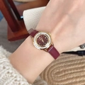 Elegant gold case ladies watch with burgundy leather strap and Roman numeral dial - Gold/Red (Round)