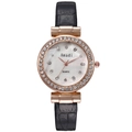 Women's fashion quartz watch with rose gold crystal bezel and black leather strap - Black