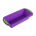 Purple rectangular silicone bread loaf mold with green handles and wavy base texture - Purple