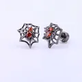 316L titanium steel spider web stud earrings with orange-red zircon in gun black finish - 0.8mm Gauge x 6mm Length / Gun Black Spider Red Stone (Style 9)