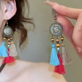 Detail view of Bohemian tassel earrings with colorful beads and ethnic weave pattern - Multicolor (44# Ear Hook-Gold)